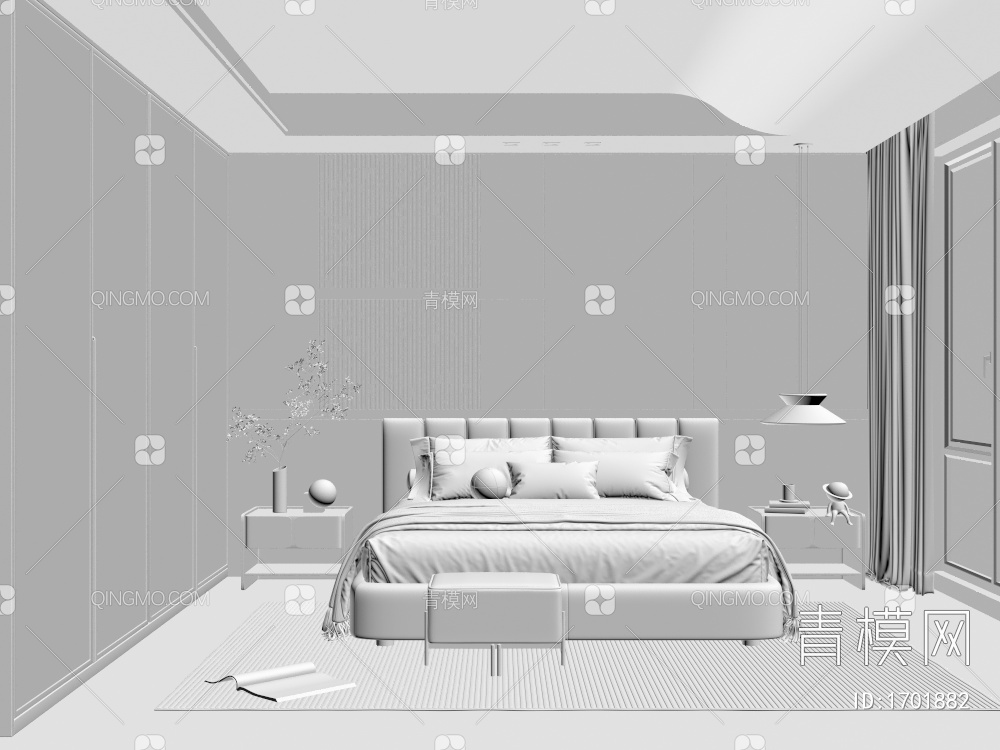 卧室，主卧，次卧衣柜，储物柜，双人床，床头柜，床头背景墙，小吊灯3D模型下载【ID:1701882】