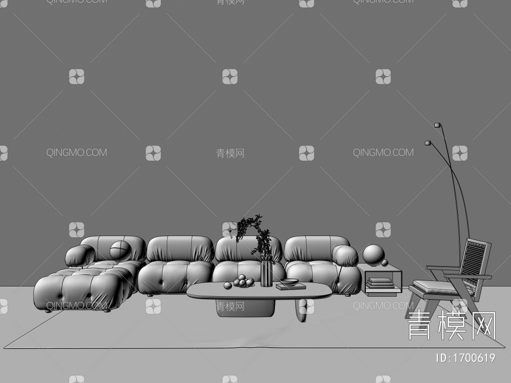 沙发茶几组合，装饰摆件，落地灯3D模型下载【ID:1700619】