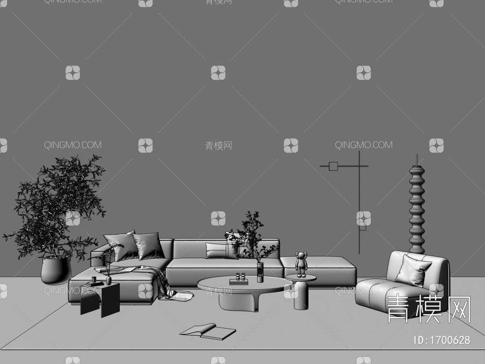 沙发茶几组合，盆栽绿植，壁灯，落地灯3D模型下载【ID:1700628】