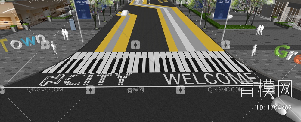 道路 创意市政道路画线 道路标线铺装 斑马线 马路箭头 地面标识引导SU模型下载【ID:1704762】