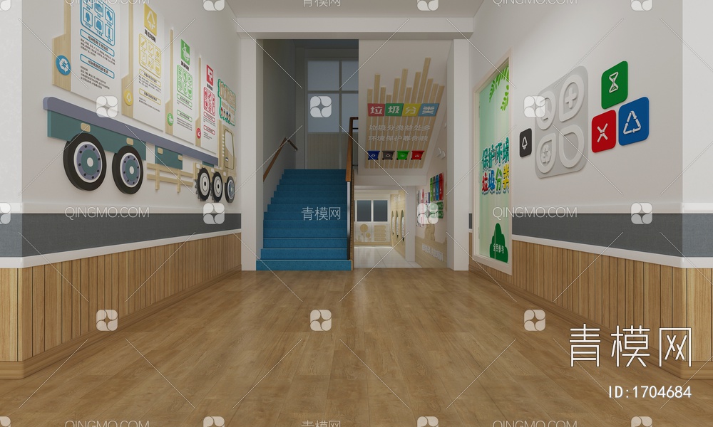 楼梯间 幼儿园楼梯间 垃圾分类 功能室 幼儿园环创 幼儿园墙面造型3D模型下载【ID:1704684】