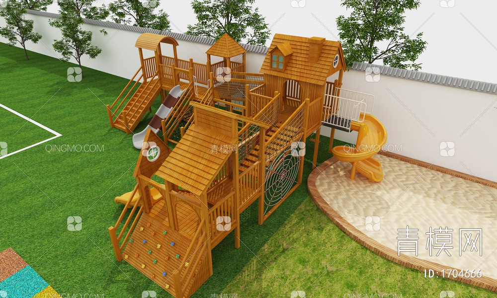 滑梯 沙池 木屋 小屋 攀爬 木质玩具 体能训练 幼儿园玩具 幼儿园滑梯 幼儿园户外 校园3D模型下载【ID:1704666】