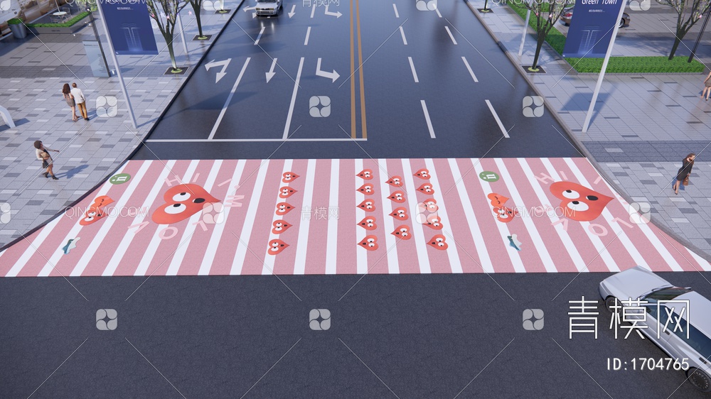 道路 创意市政道路画线 道路标线铺装 斑马线 马路箭头 地面标识引导SU模型下载【ID:1704765】