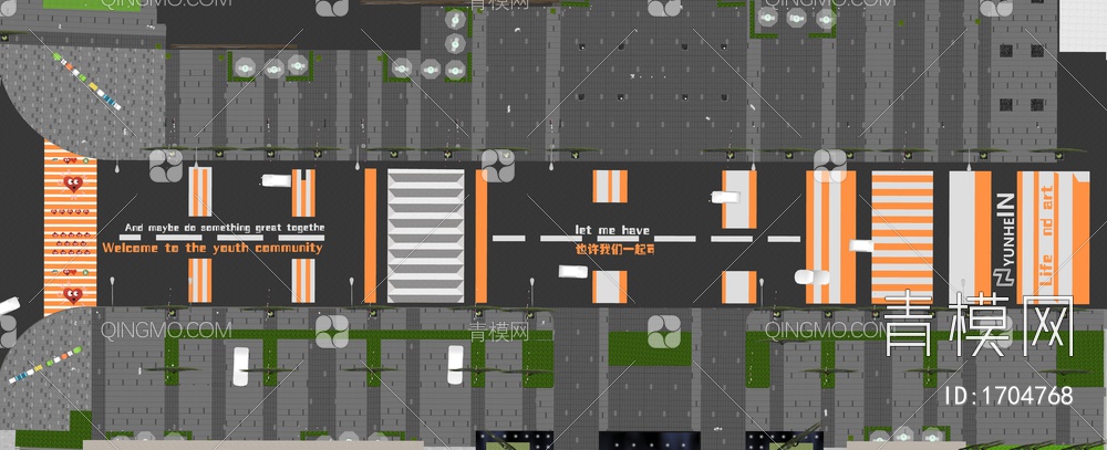道路 创意市政道路画线 道路标线铺装 斑马线 马路箭头 地面标识引导SU模型下载【ID:1704768】