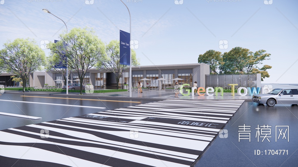 道路 创意市政道路画线 道路标线铺装 斑马线 马路箭头 地面标识引导SU模型下载【ID:1704771】