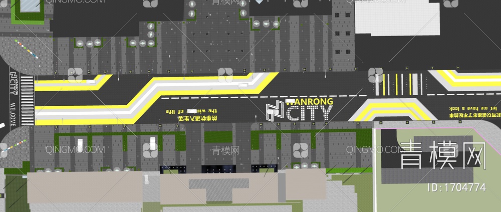 道路 创意市政道路画线 道路标线铺装 斑马线 马路箭头 地面标识引导SU模型下载【ID:1704774】