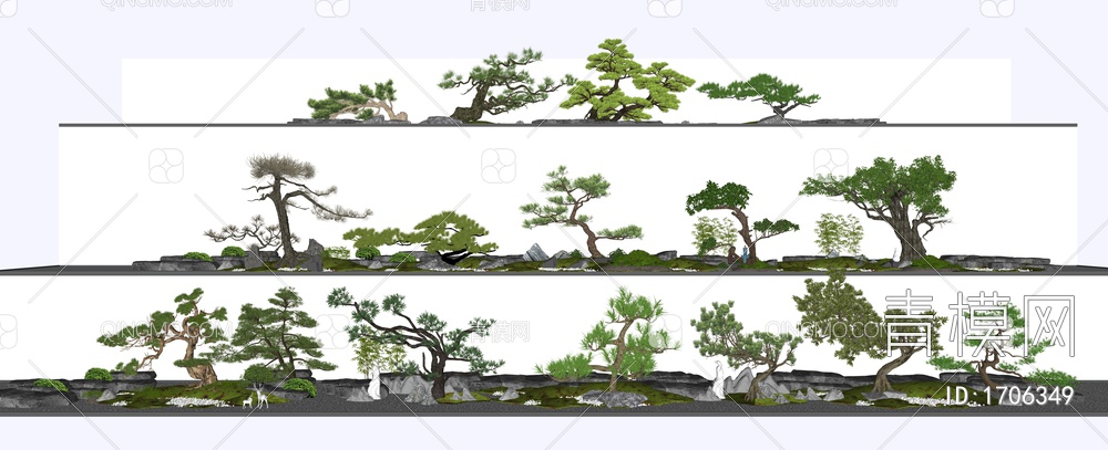 松树 景观树 迎客松 禅意小品 蕨类植物 植物堆SU模型下载【ID:1706349】