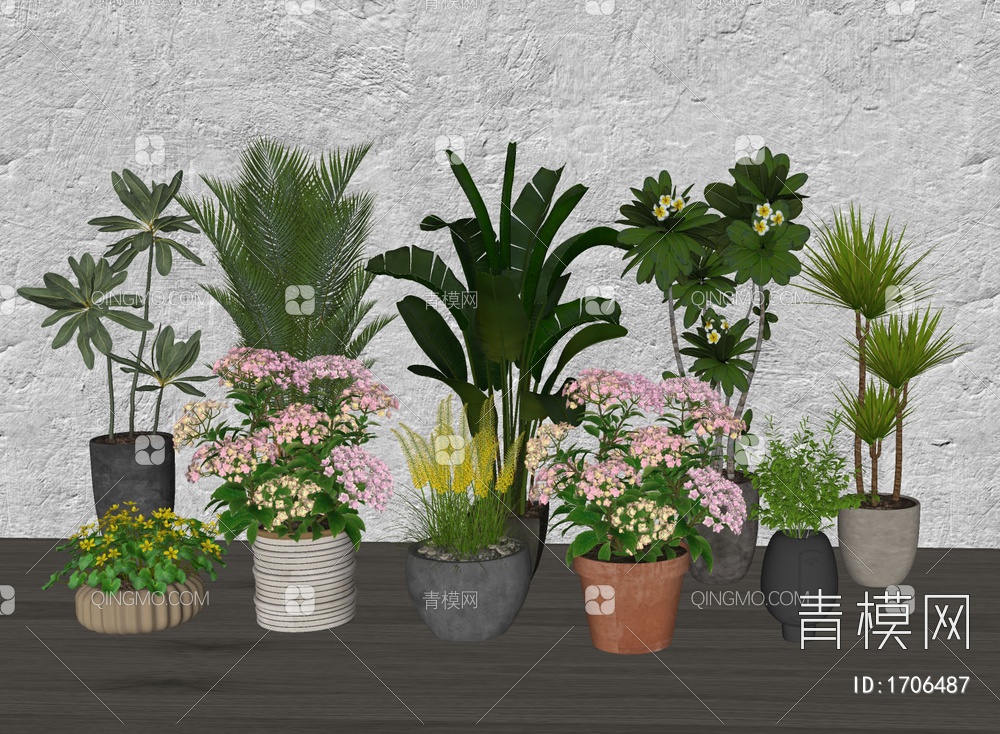 绿植植物 盆栽盆景组合 植物堆 绣球花 花境花草SU模型下载【ID:1706487】