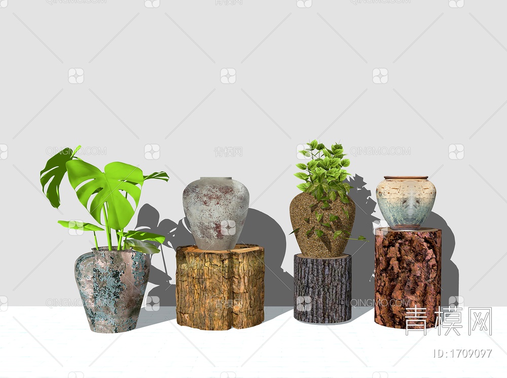 木材 木头 木块   木桩 植物陶罐  庭院小品SU模型下载【ID:1709097】