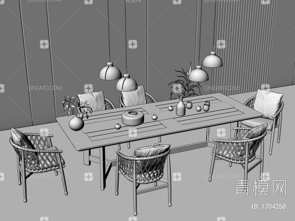 室内外餐桌椅，茶桌椅，室外庭院藤椅，会客洽谈桌椅，工矿小吊灯3D模型下载【ID:1704258】