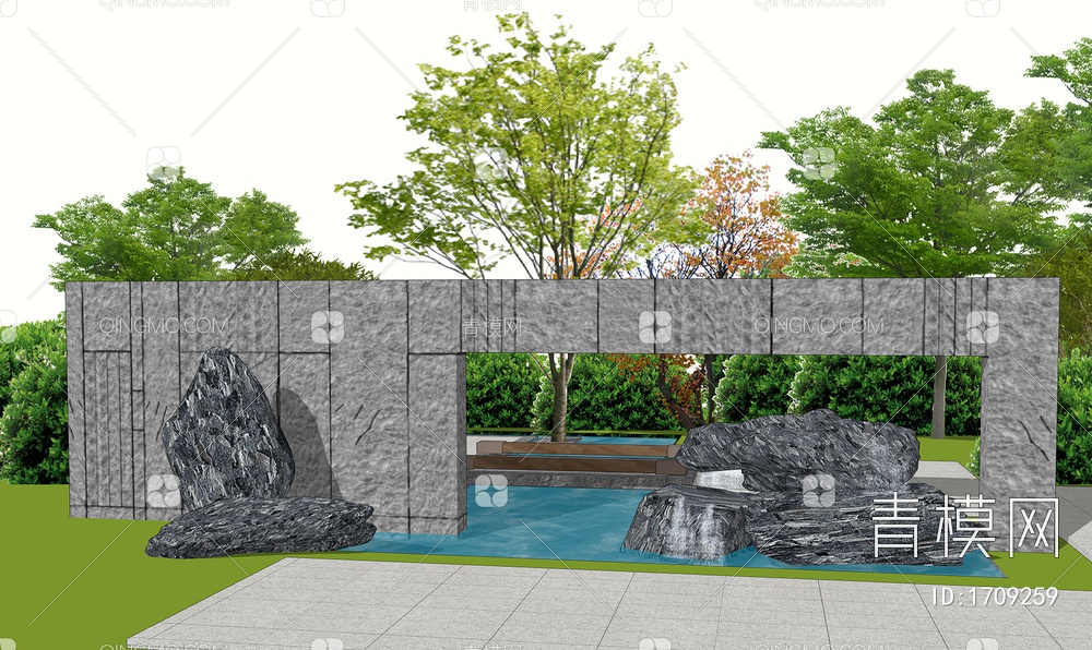 庭院景墙 围墙小品 假山石头SU模型下载【ID:1709259】