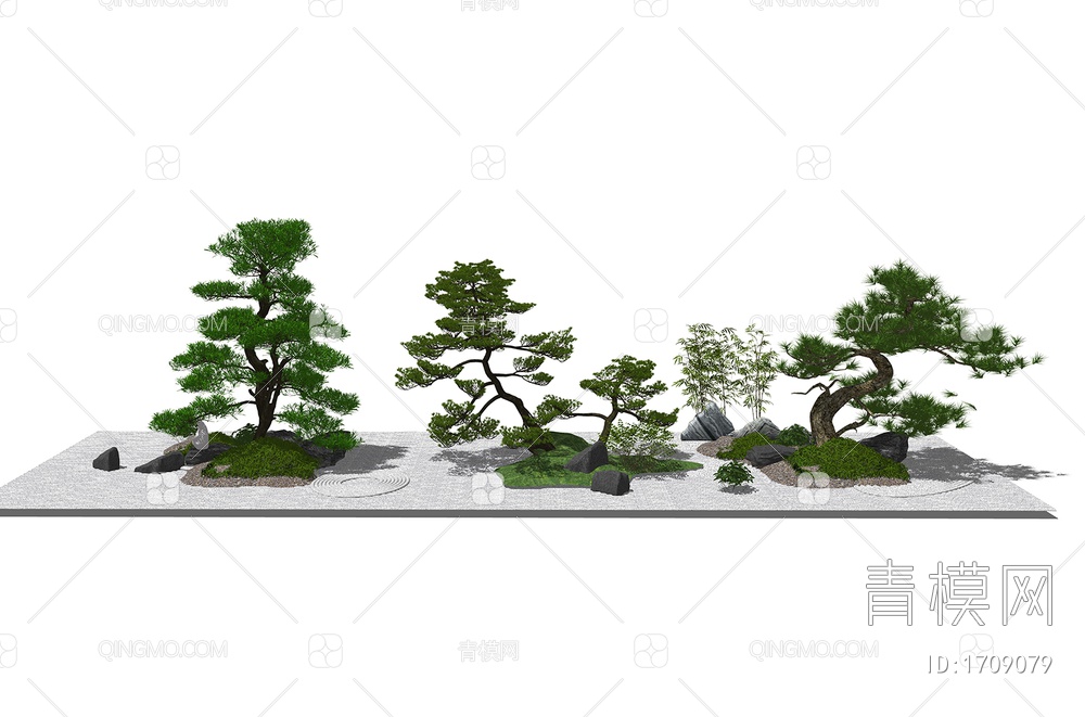 罗汉松造型树  景观绿植 小品 竹子假山石头组合SU模型下载【ID:1709079】