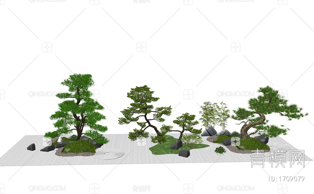 罗汉松造型树  景观绿植 小品 竹子假山石头组合SU模型下载【ID:1709079】