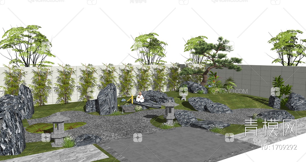 庭院景观石头 禅意雕塑小品 景观造型松树SU模型下载【ID:1709292】