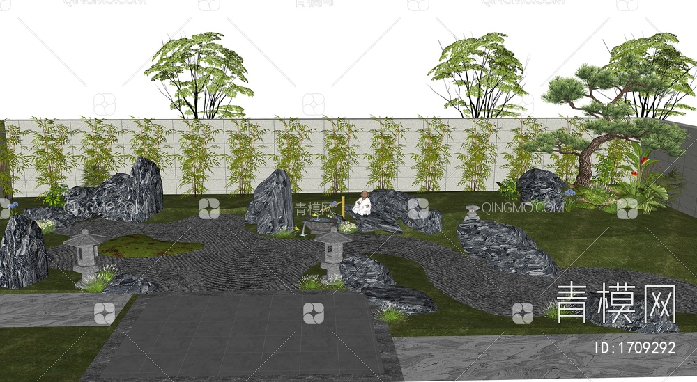 庭院景观石头 禅意雕塑小品 景观造型松树SU模型下载【ID:1709292】