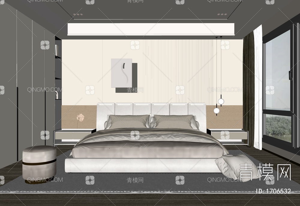 卧室 挂画 床头柜 衣柜组合 窗帘SU模型下载【ID:1706532】