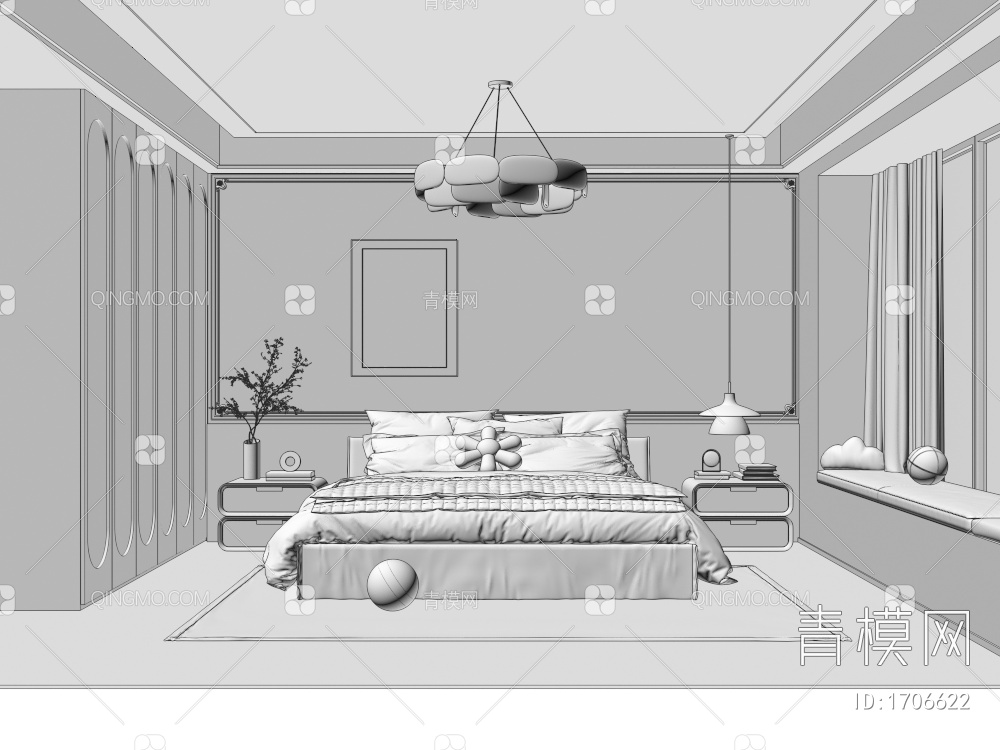 奶油风家居卧室3D模型下载【ID:1706622】
