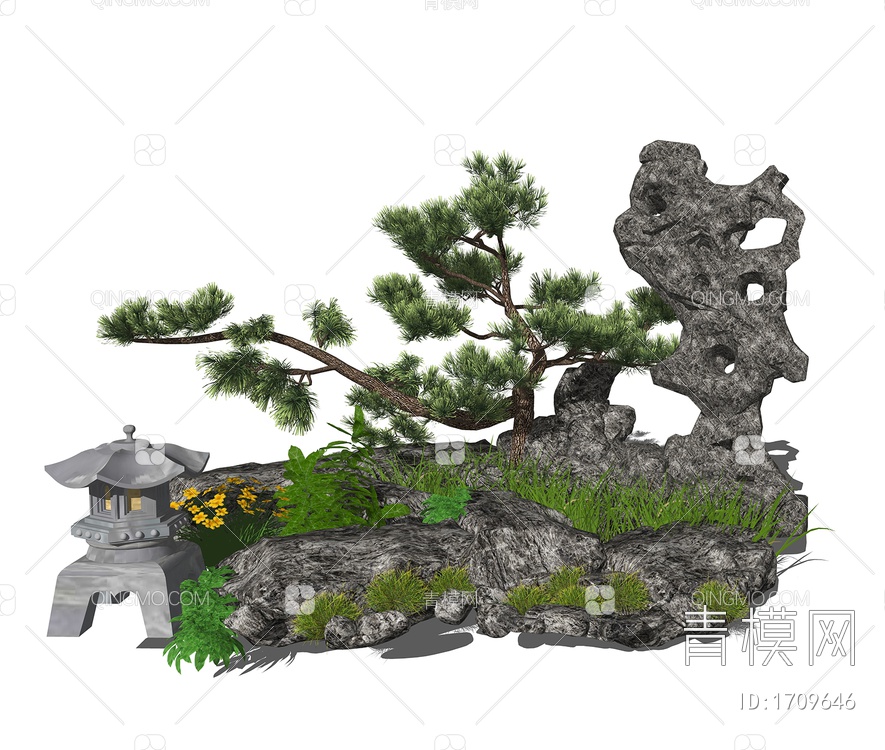 造型松树  假山石头景观小品  园林绿植植物组合SU模型下载【ID:1709646】