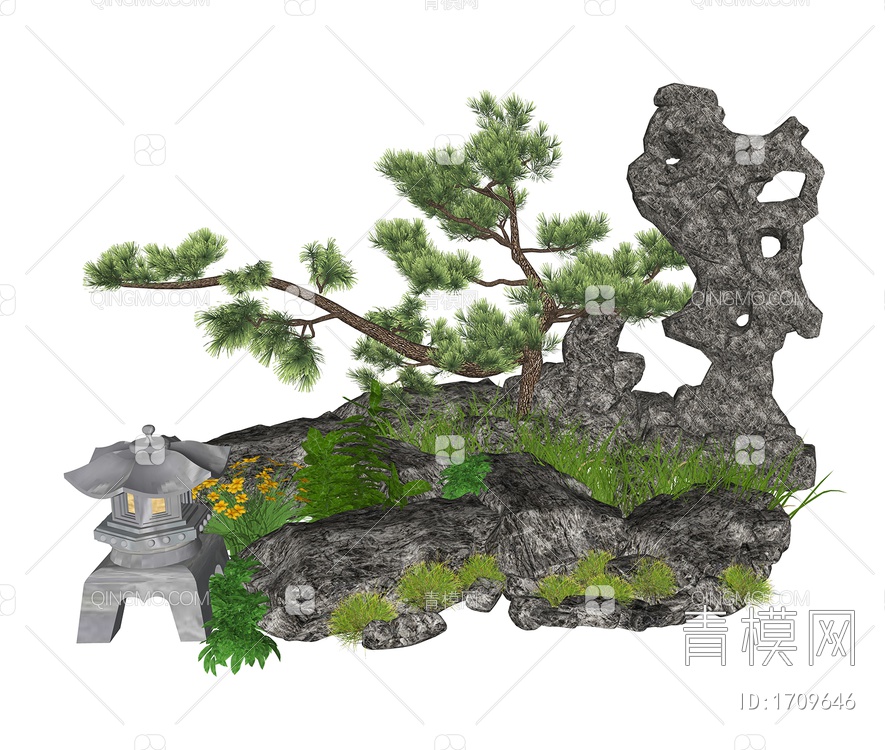 造型松树  假山石头景观小品  园林绿植植物组合SU模型下载【ID:1709646】