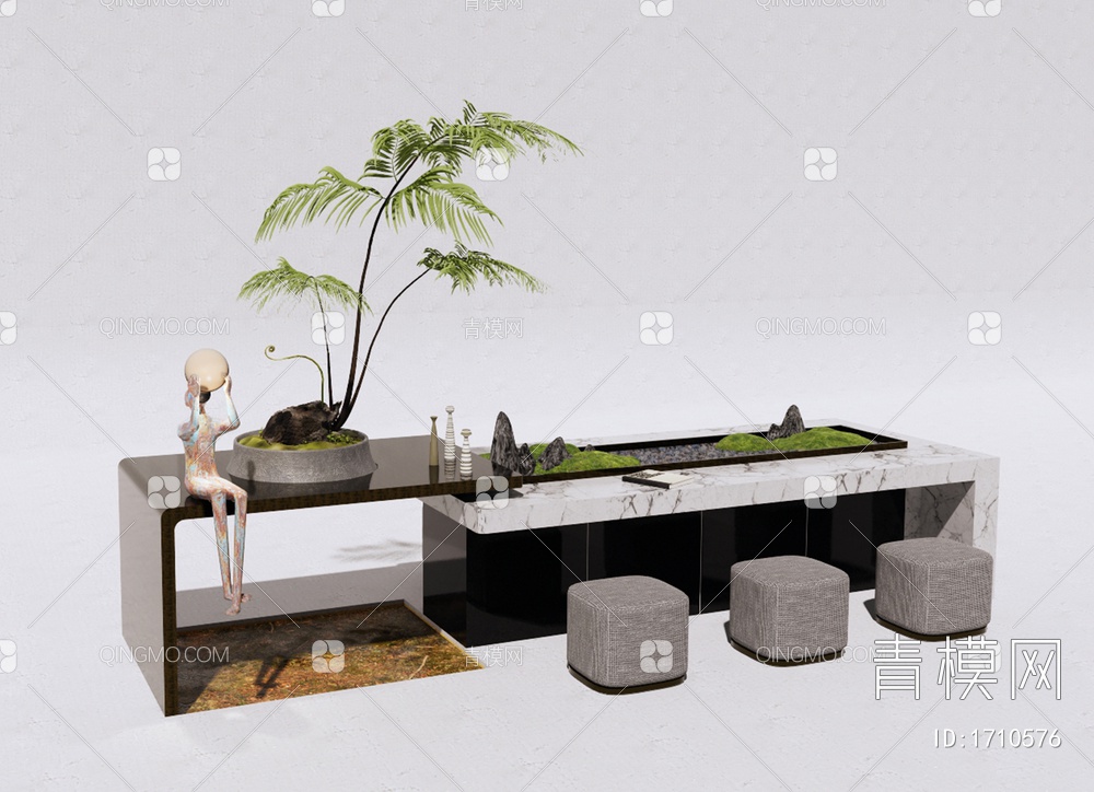 微景观桌椅蕨类植物雕塑小品SU模型下载【ID:1710576】