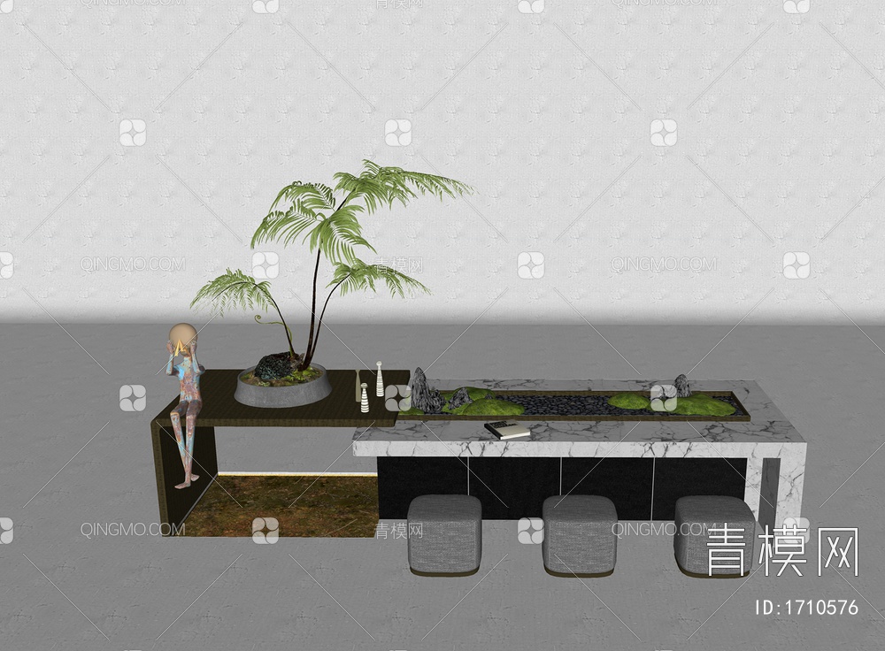 微景观桌椅蕨类植物雕塑小品SU模型下载【ID:1710576】