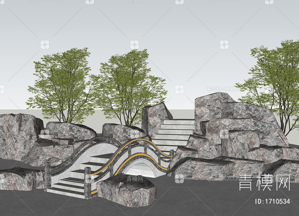 景观石桥 石头阶梯SU模型下载【ID:1710534】