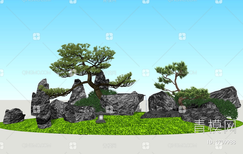 景观假山石头 造型松树SU模型下载【ID:1709988】