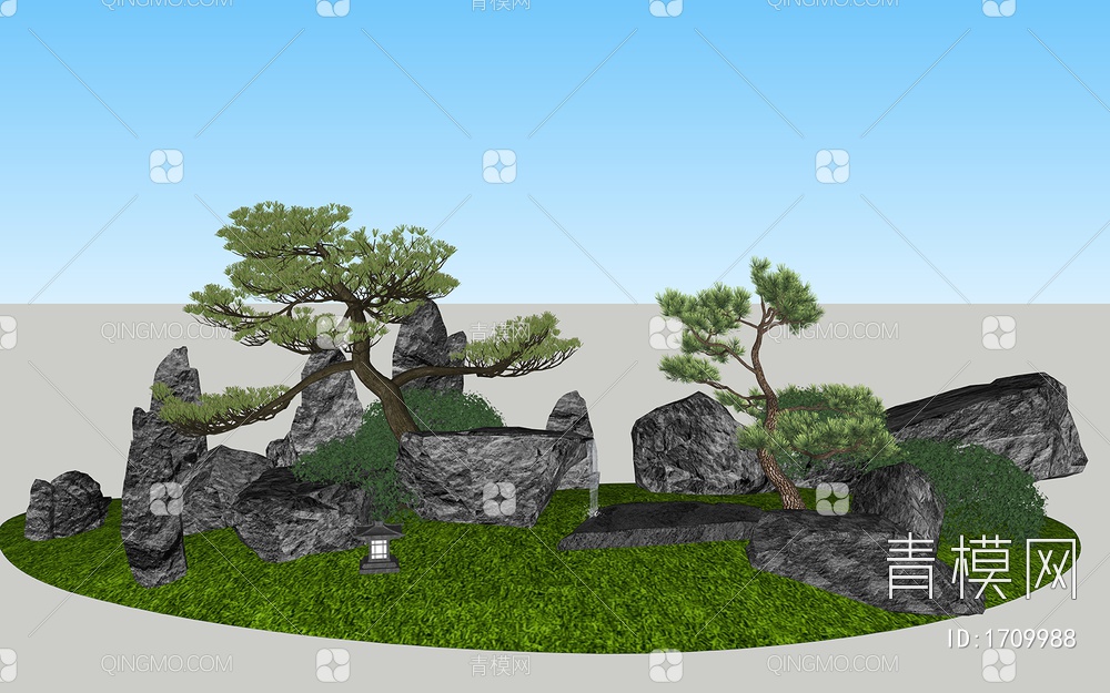 景观假山石头 造型松树SU模型下载【ID:1709988】