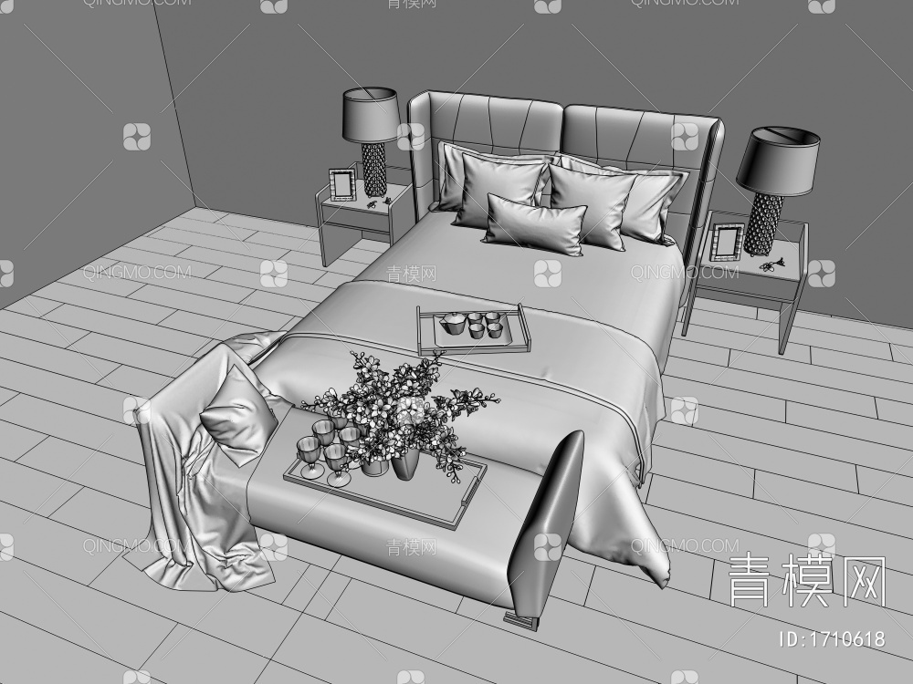 双人床3D模型下载【ID:1710618】
