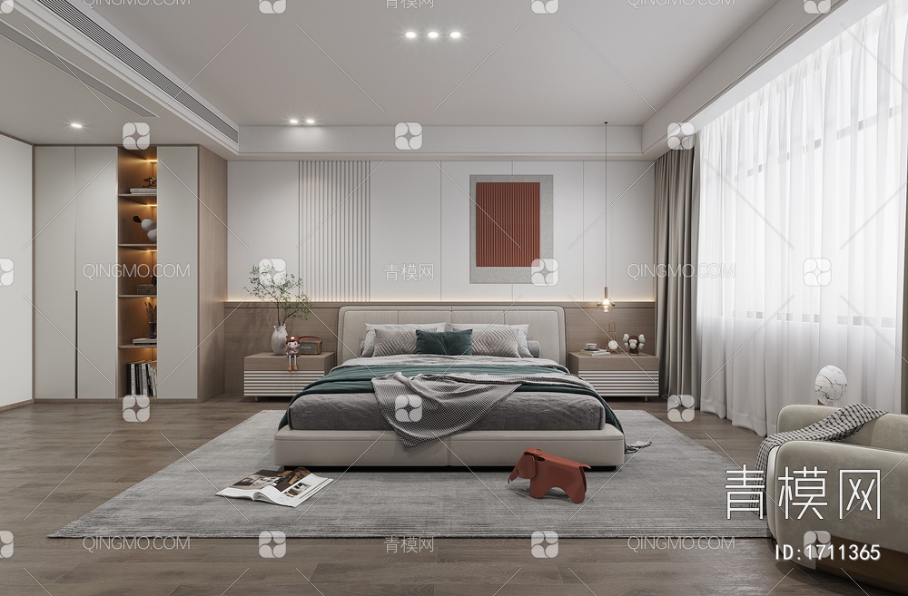 极简卧室，床，衣柜，装饰画3D模型下载【ID:1711365】