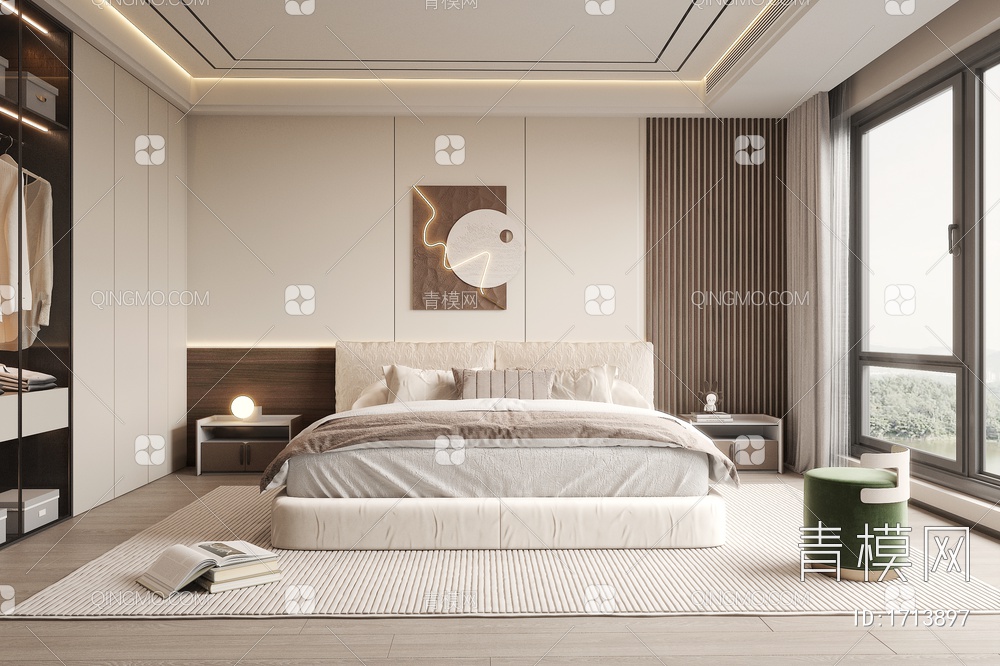 家居卧室 卧室吊顶 抽象挂画 奶油风大床3D模型下载【ID:1713897】