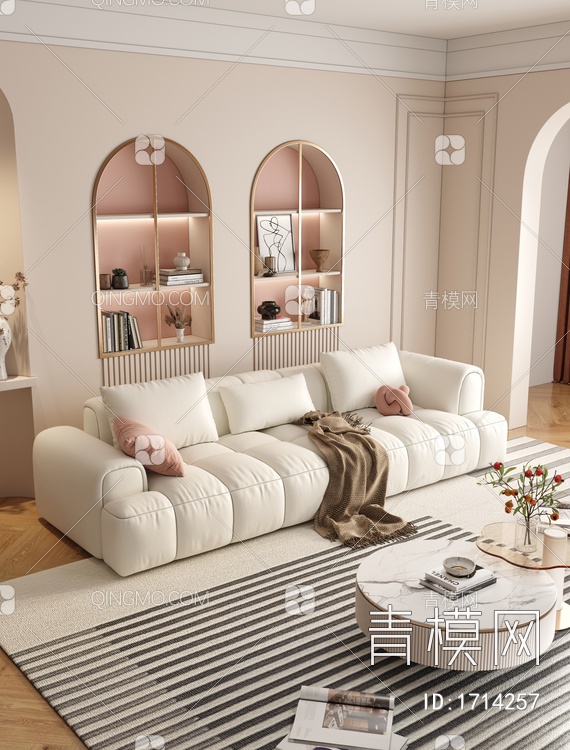 奶白色沙发茶几组合3D模型下载【ID:1714257】