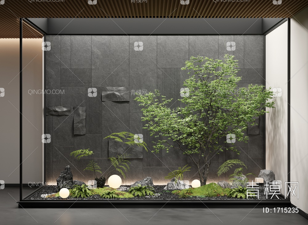 庭院景观小品 室内造景 景观树 蕨类植物 岩石背景墙3D模型下载【ID:1715235】
