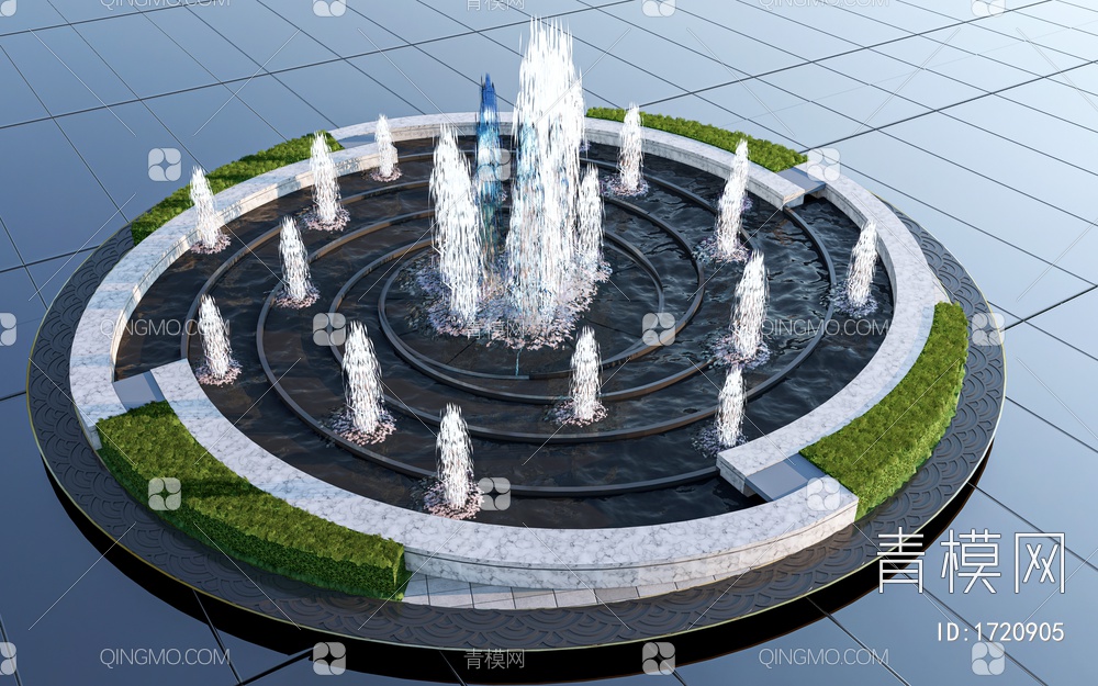喷泉 圆形喷泉 水池 广场喷泉 水柱 流水 跌水SU模型下载【ID:1720905】