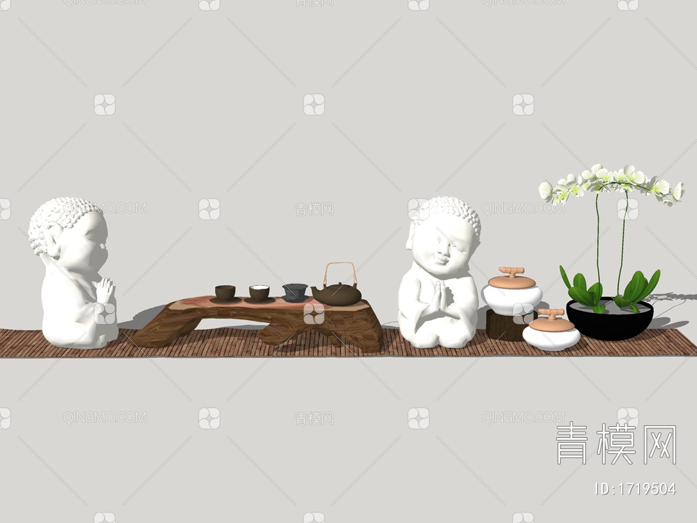禅意佛像雕塑茶桌茶具茶器SU模型下载【ID:1719504】