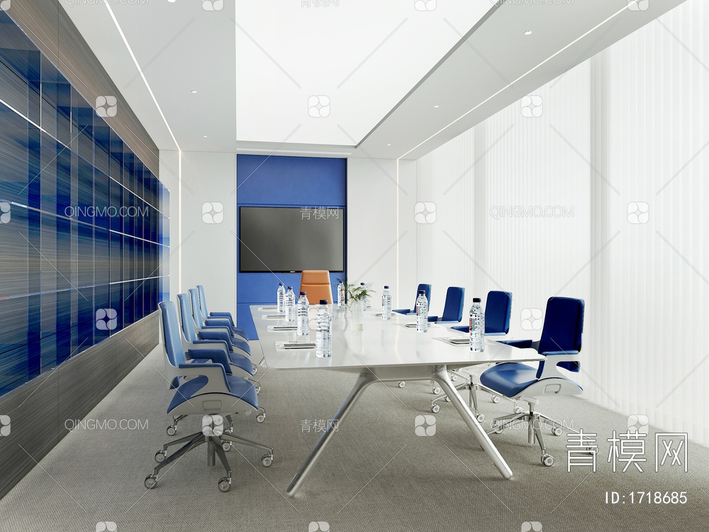 会议室，办公，蓝色，极简，会议桌椅，灯光膜3D模型下载【ID:1718685】
