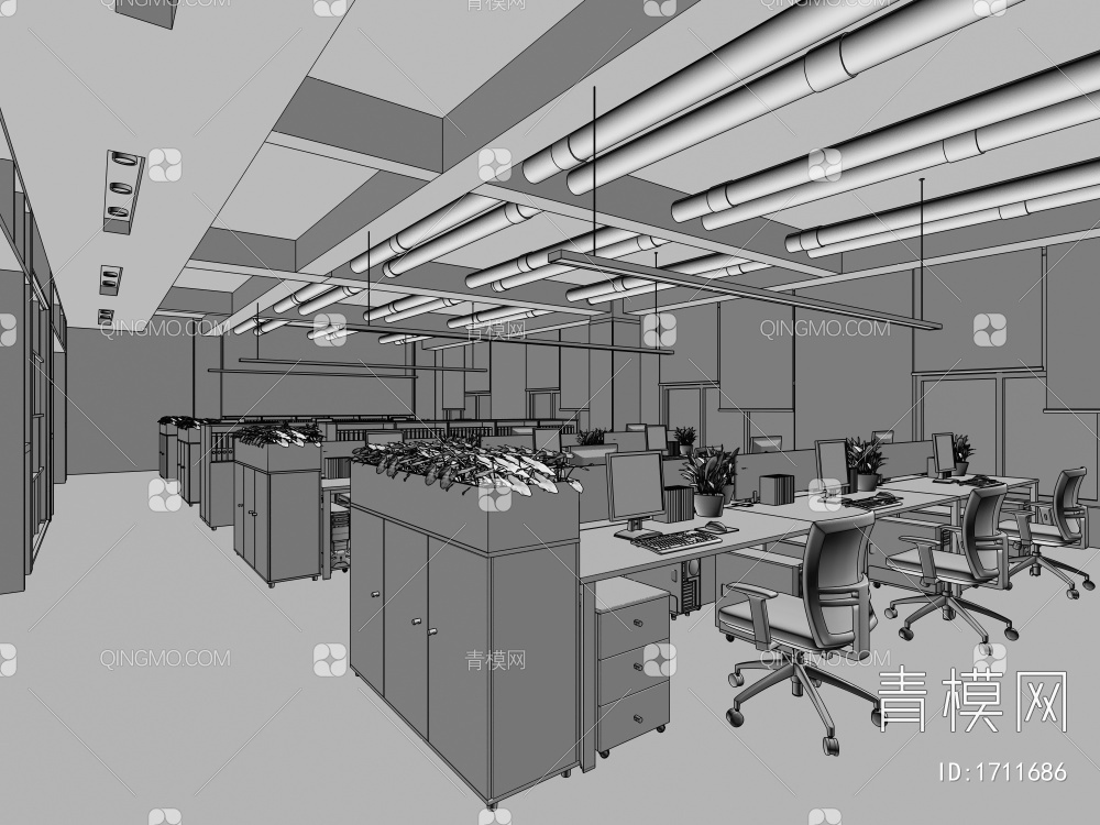 开放办公区 职工办公室3D模型下载【ID:1711686】