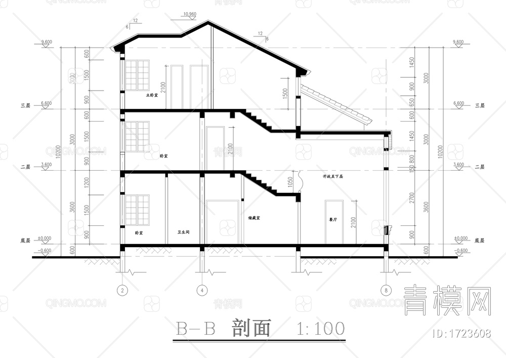 独栋三层别墅建筑图【ID:1723608】
