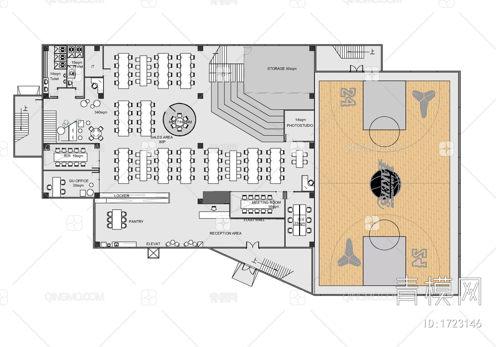 篮球机构办公空间室内施工图 办公室【ID:1723146】
