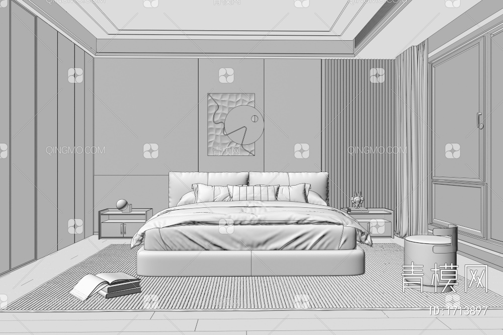 家居卧室 卧室吊顶 抽象挂画 奶油风大床3D模型下载【ID:1713897】