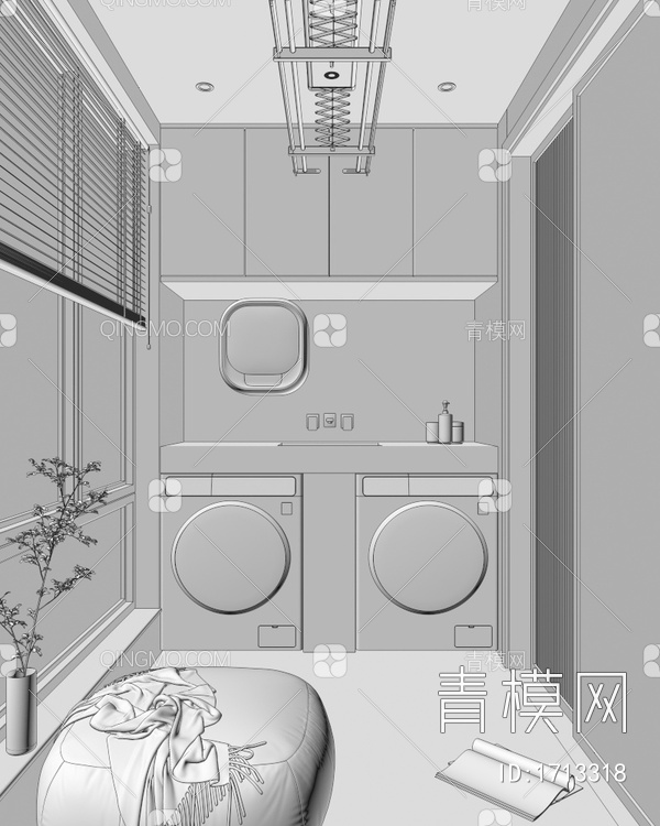 阳台 洗衣柜 洗衣机伴侣 洗衣机 晾衣架 烘干机 单人沙发 沙发凳 移门 推拉门3D模型下载【ID:1713318】