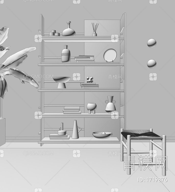 书柜，装饰柜，，原木，书籍，装饰品，独立式3D模型下载【ID:1719876】