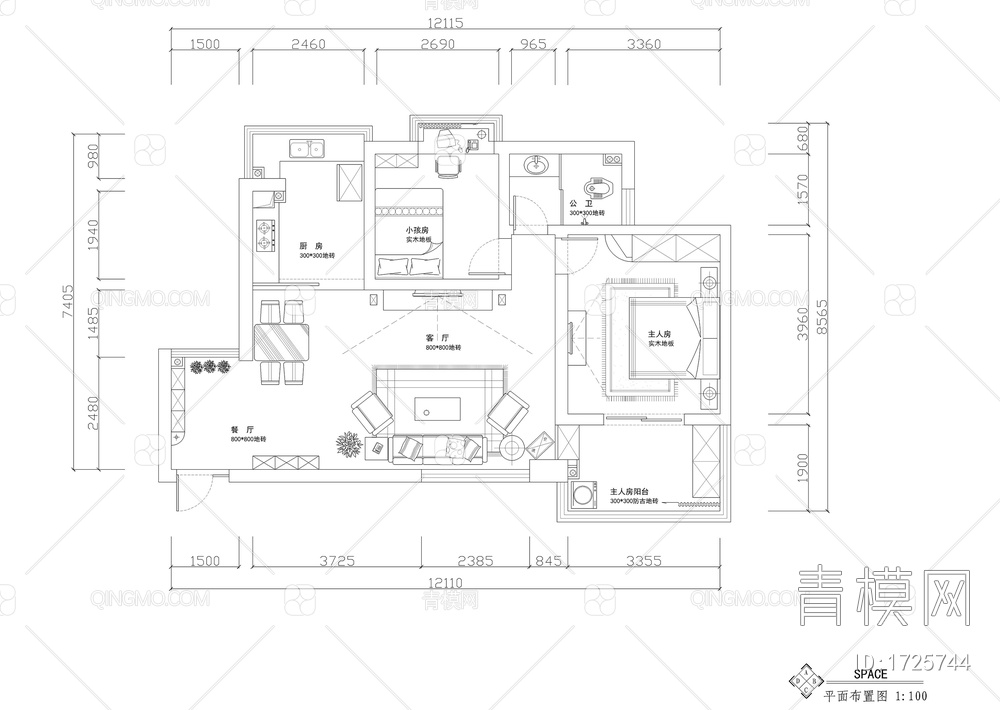 黑白风两居室装修图【ID:1725744】