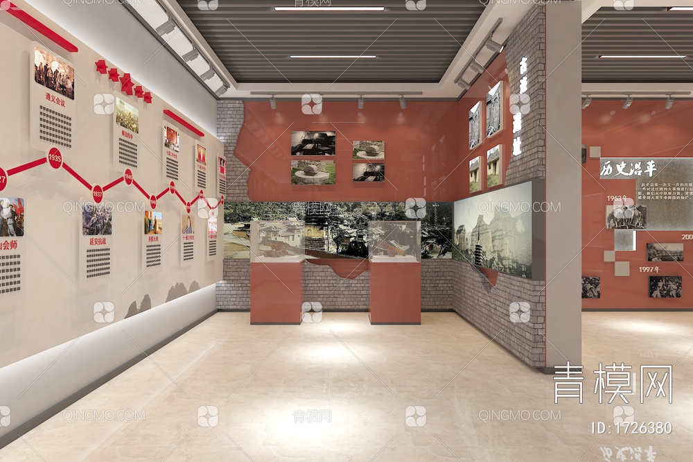 村史馆 玻璃展柜 发展历程墙3D模型下载【ID:1726380】