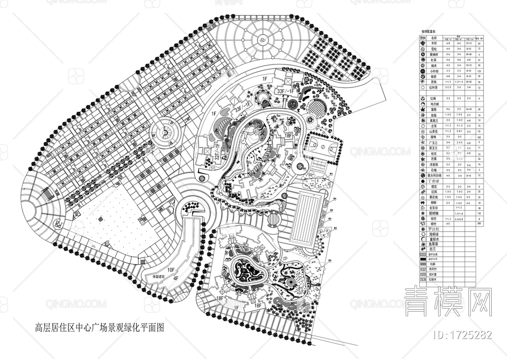 高层居住区中心广场景观绿化平面图【ID:1725282】