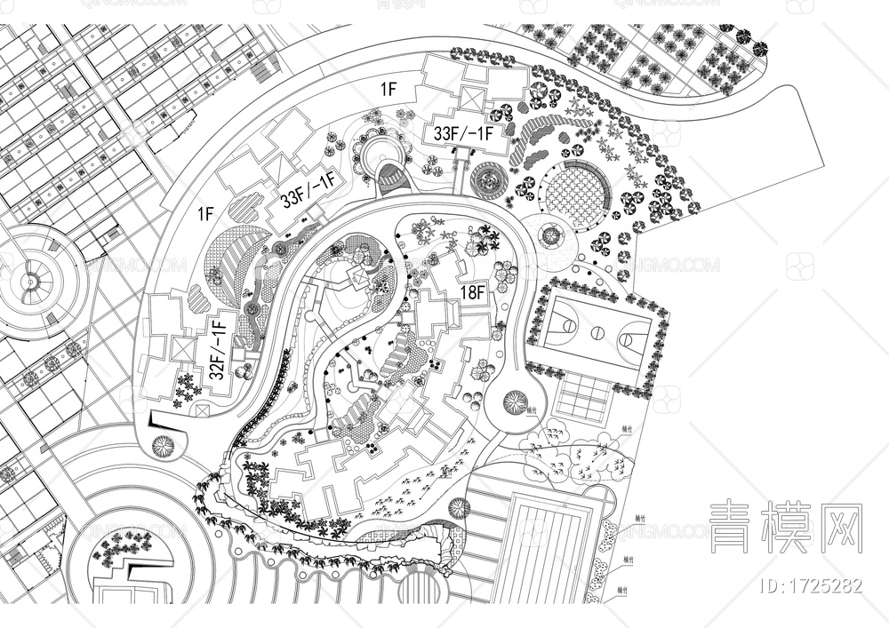 高层居住区中心广场景观绿化平面图【ID:1725282】