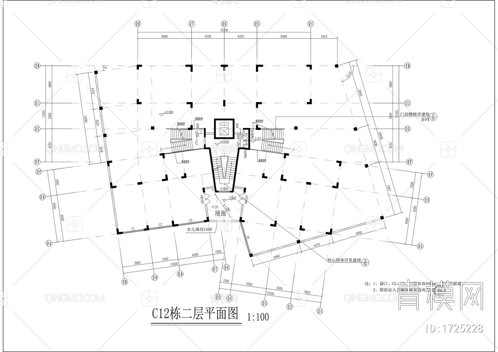 高层一梯四户住宅楼建筑图【ID:1725228】