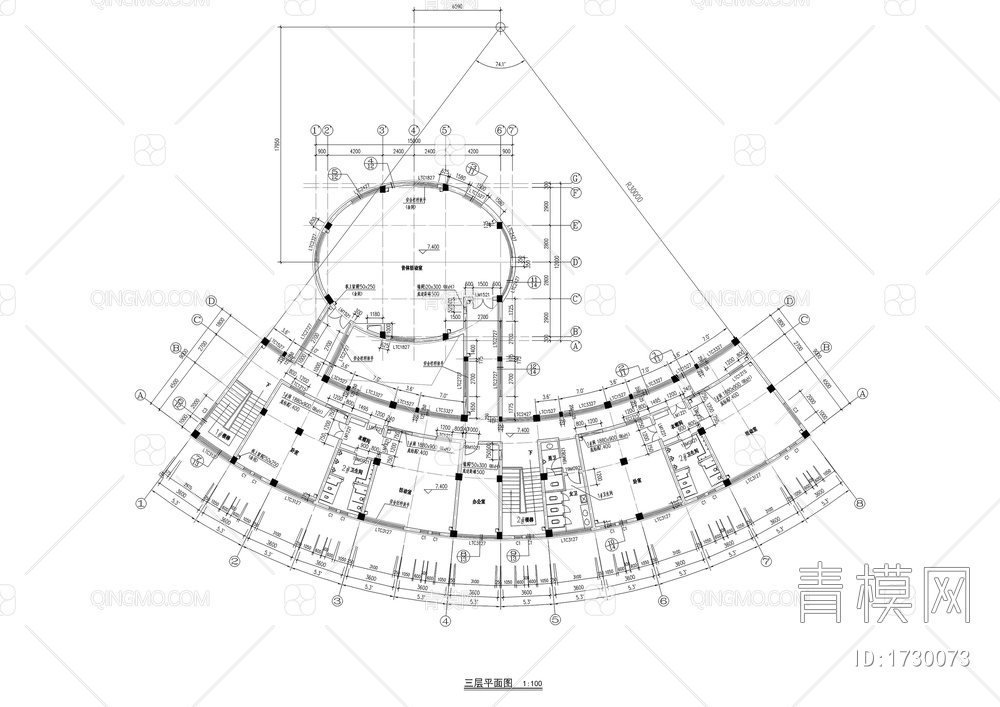 三层弧形幼儿园建筑图【ID:1730073】