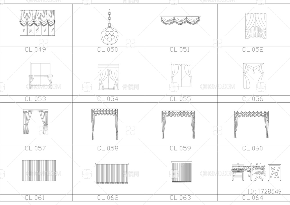 常用百款窗帘CAD图库【ID:1728549】