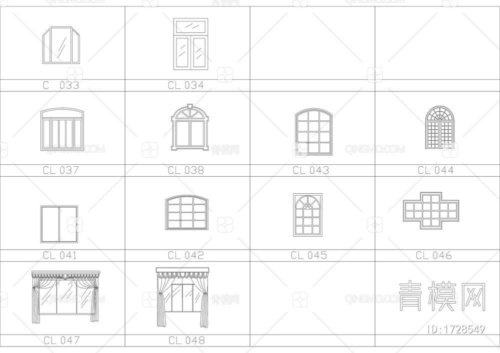 常用百款窗帘CAD图库【ID:1728549】